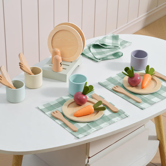 KizKnows wooden toy dish set cups for pretend meals and colorful dining pretend-play.