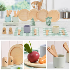 KizKnows wooden toy dish set knives with safe, rounded edges for kids.