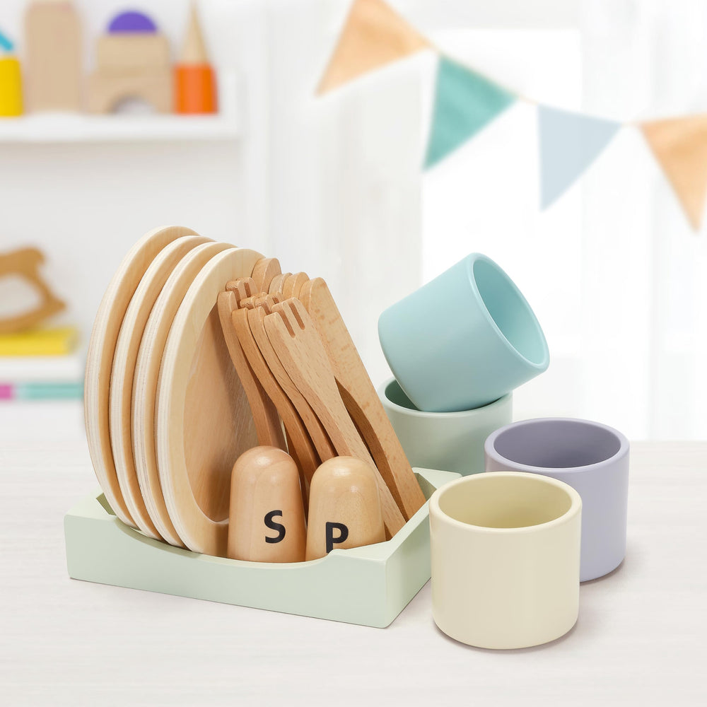 KizKnows wooden toy dish set plate rack keeps play kitchen organized.