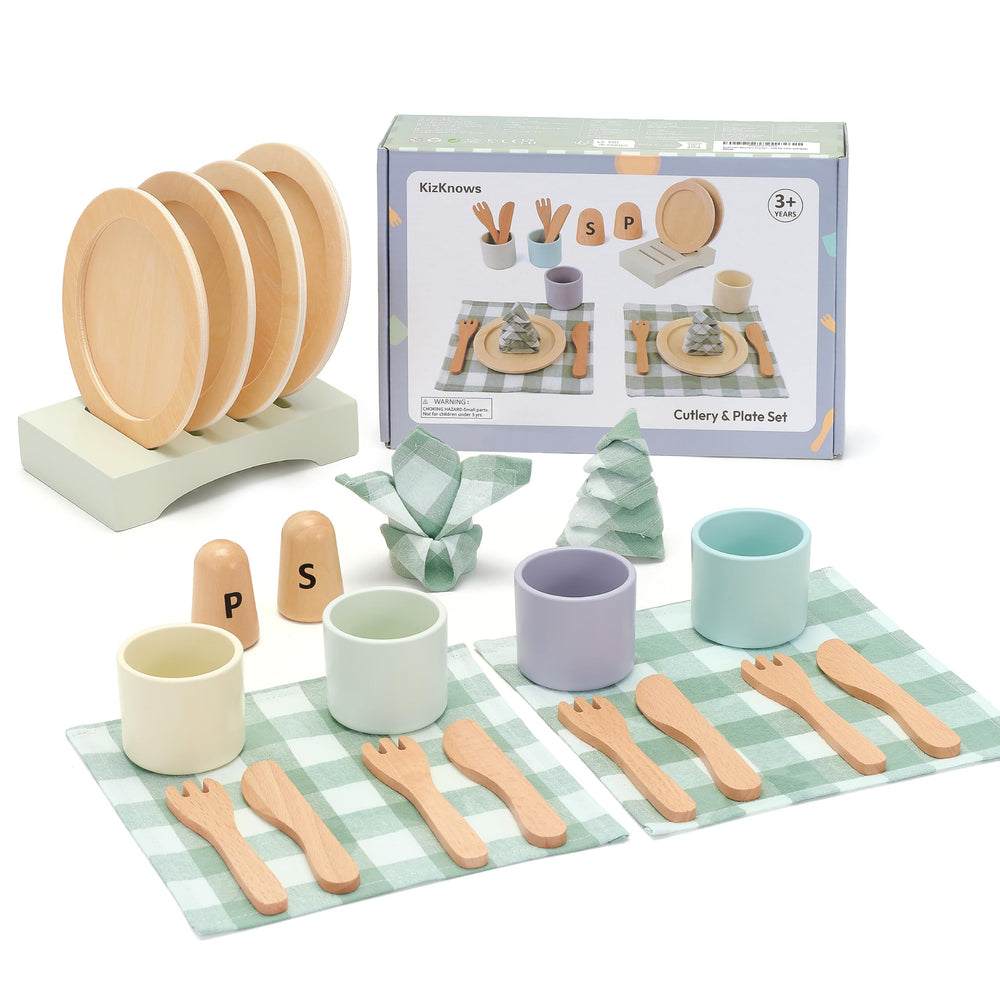 KizKnows wooden toy dish set plates for pretend dining and imaginative play.