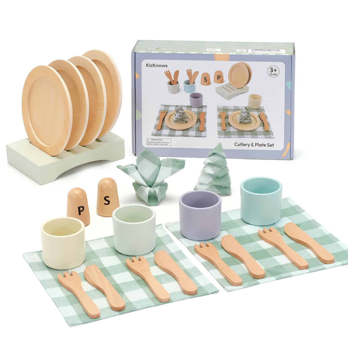 KizKnows wooden toy dish set plates for pretend dining and imaginative play.