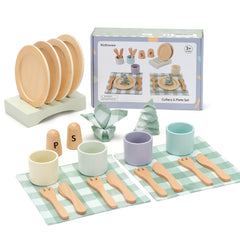 KizKnows wooden toy dish set plates for pretend dining and imaginative play.