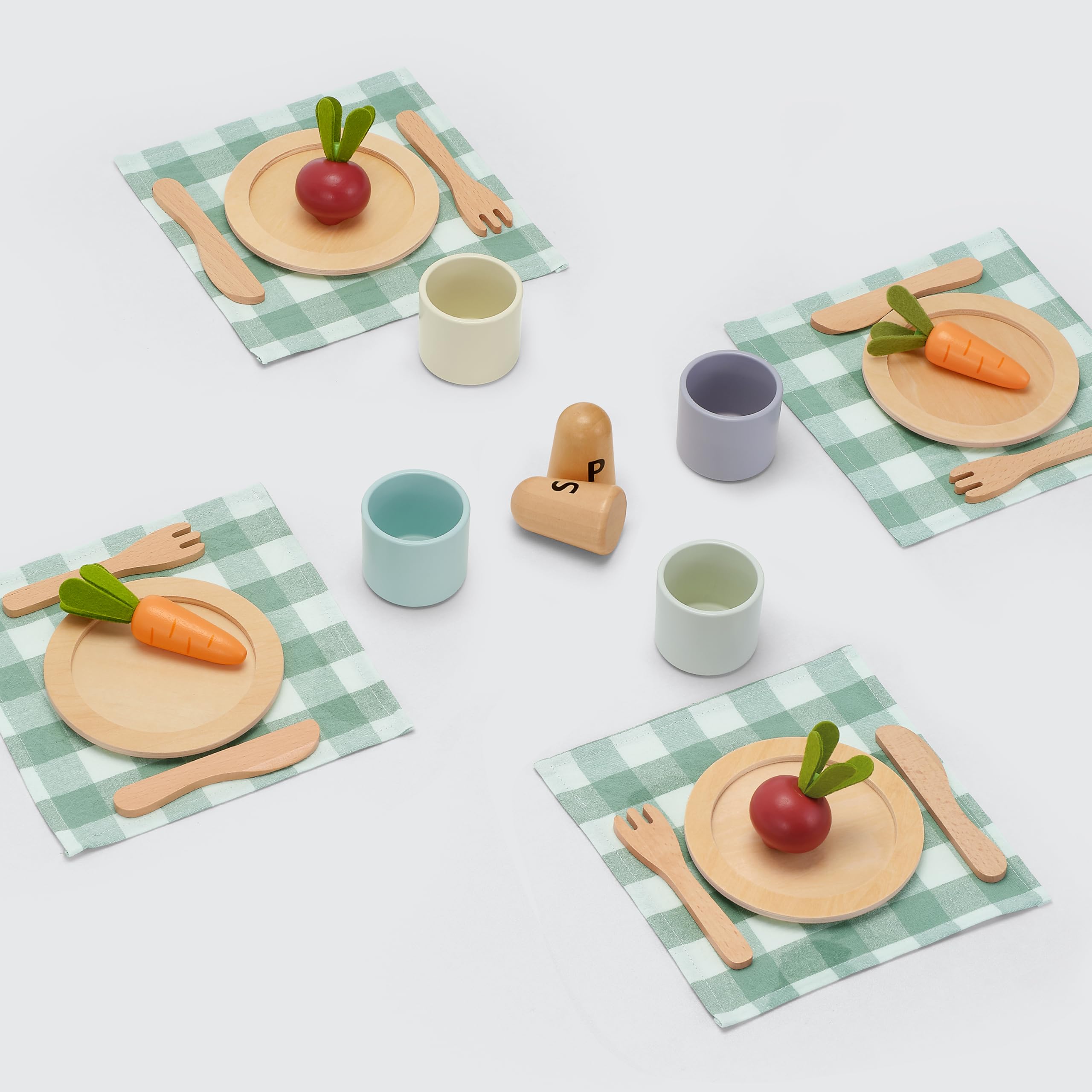 KizKnows wooden toy dish set spoons designed for little hands and easy grip.