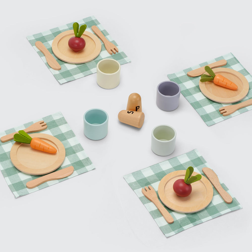 KizKnows wooden toy dish set spoons designed for little hands and easy grip.