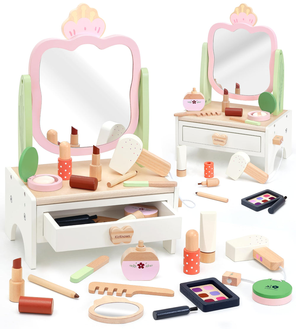 KizKnows wooden vanity set with mirror: adjustable angles for pretend play