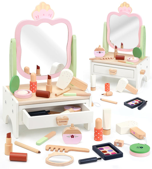 KizKnows wooden vanity set with mirror: adjustable angles for pretend play