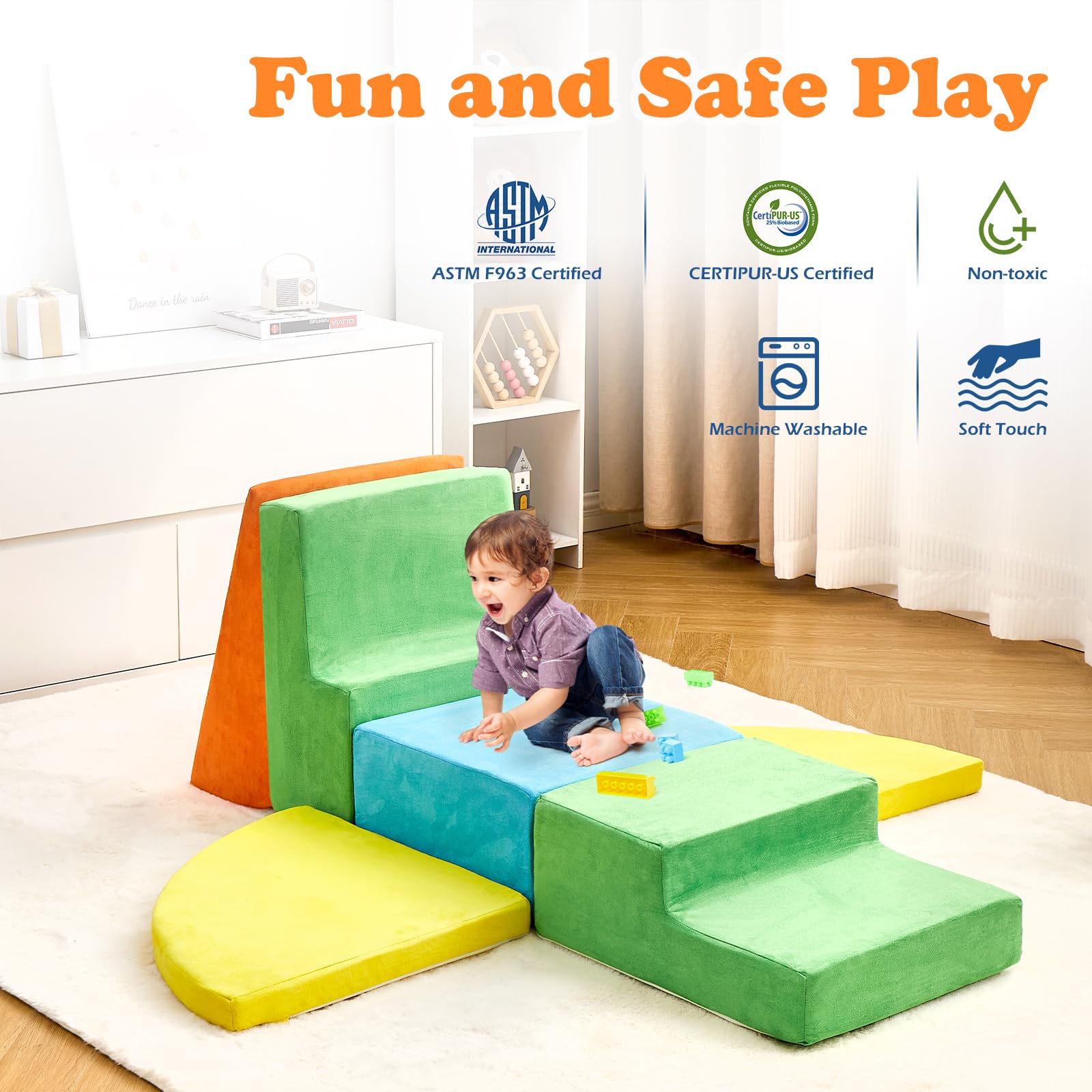 KIZLAND machine-washable covers simplify quick cleanup after play.