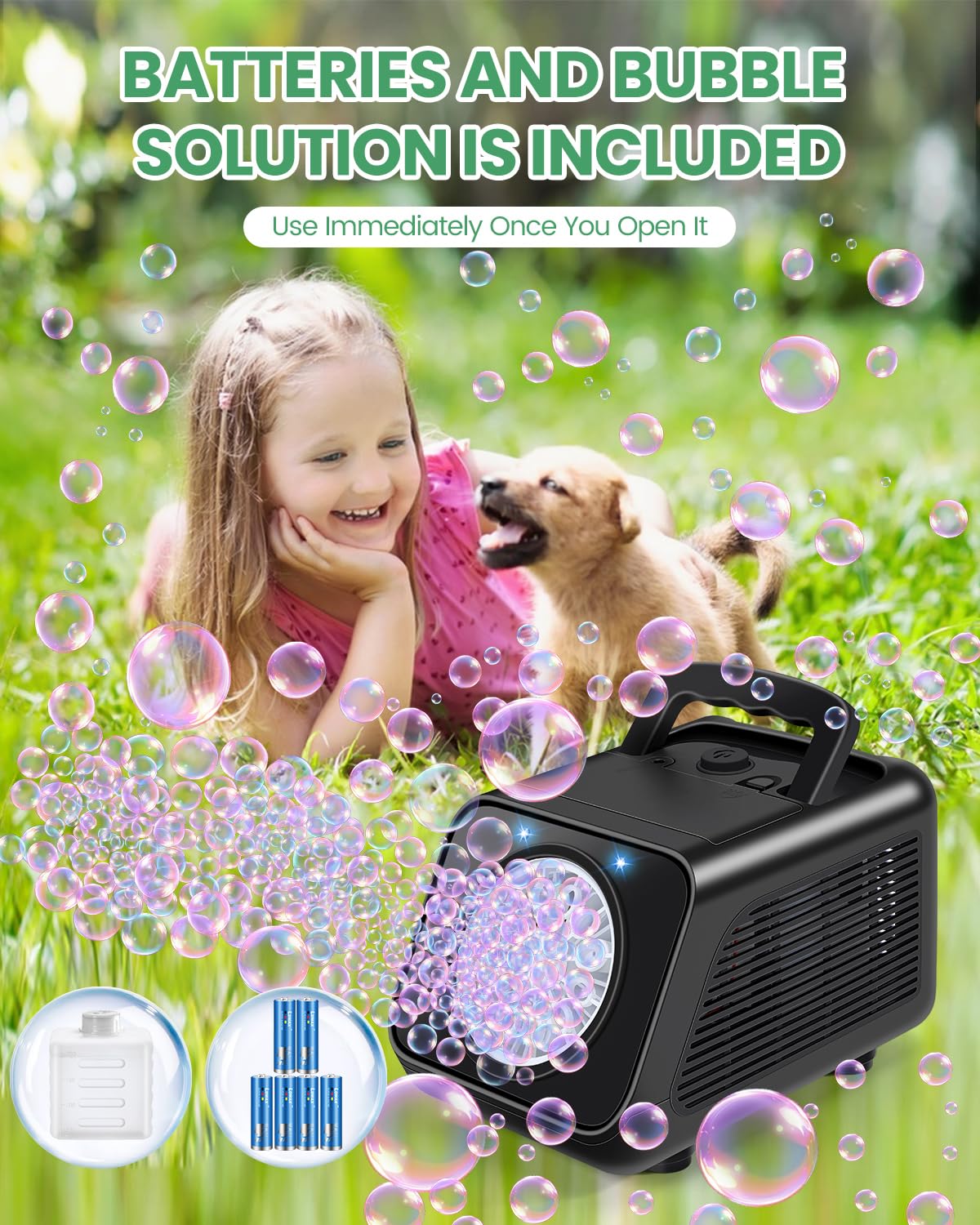 Kizmore bubble machine battery compartment ready with 6 AA batteries included.