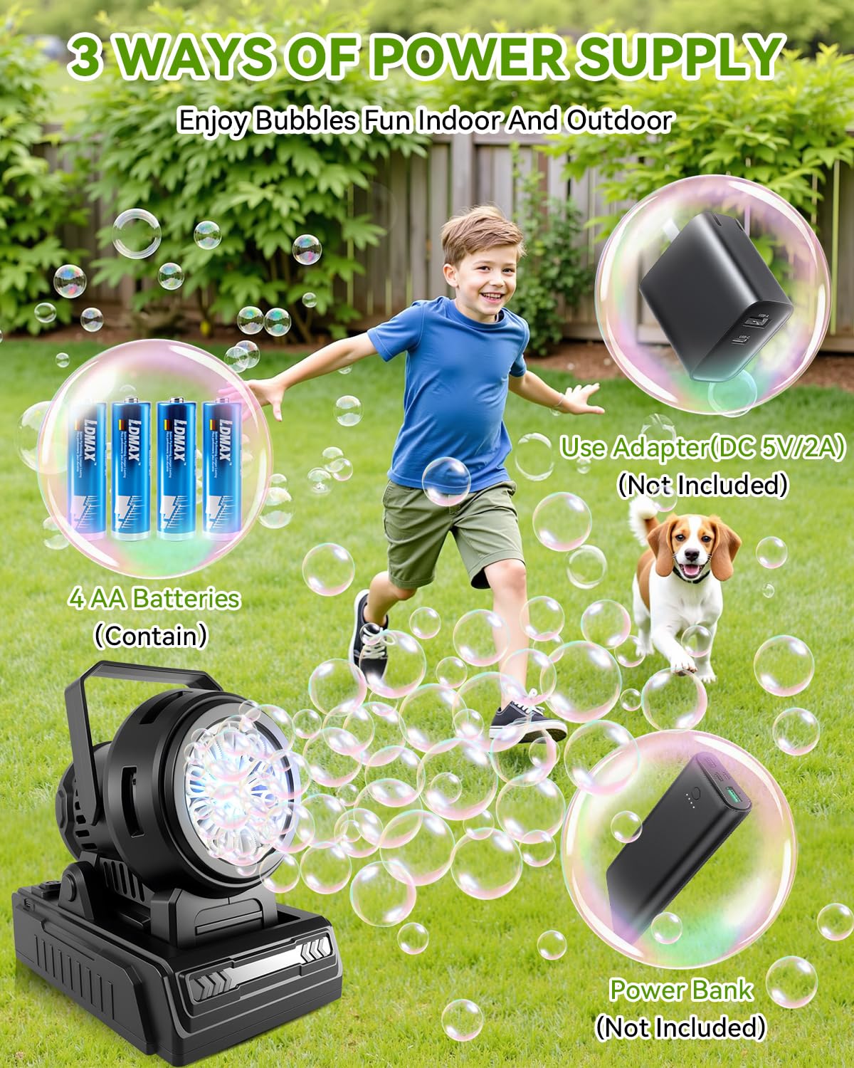 Kizmore Bubble Machine includes 115 ml solution for immediate bubble action.