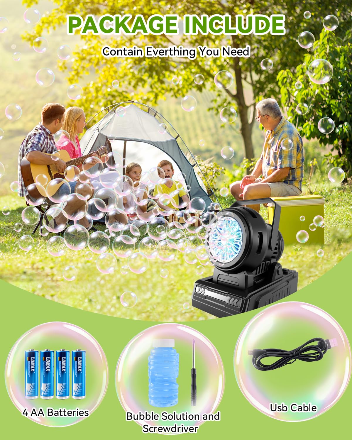 Kizmore Bubble Machine produces continuous bubbles for lively family entertainment.