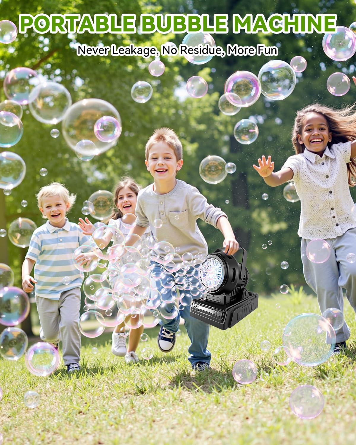 Kizmore Bubble Machine works indoors and outdoors for versatile play setups.