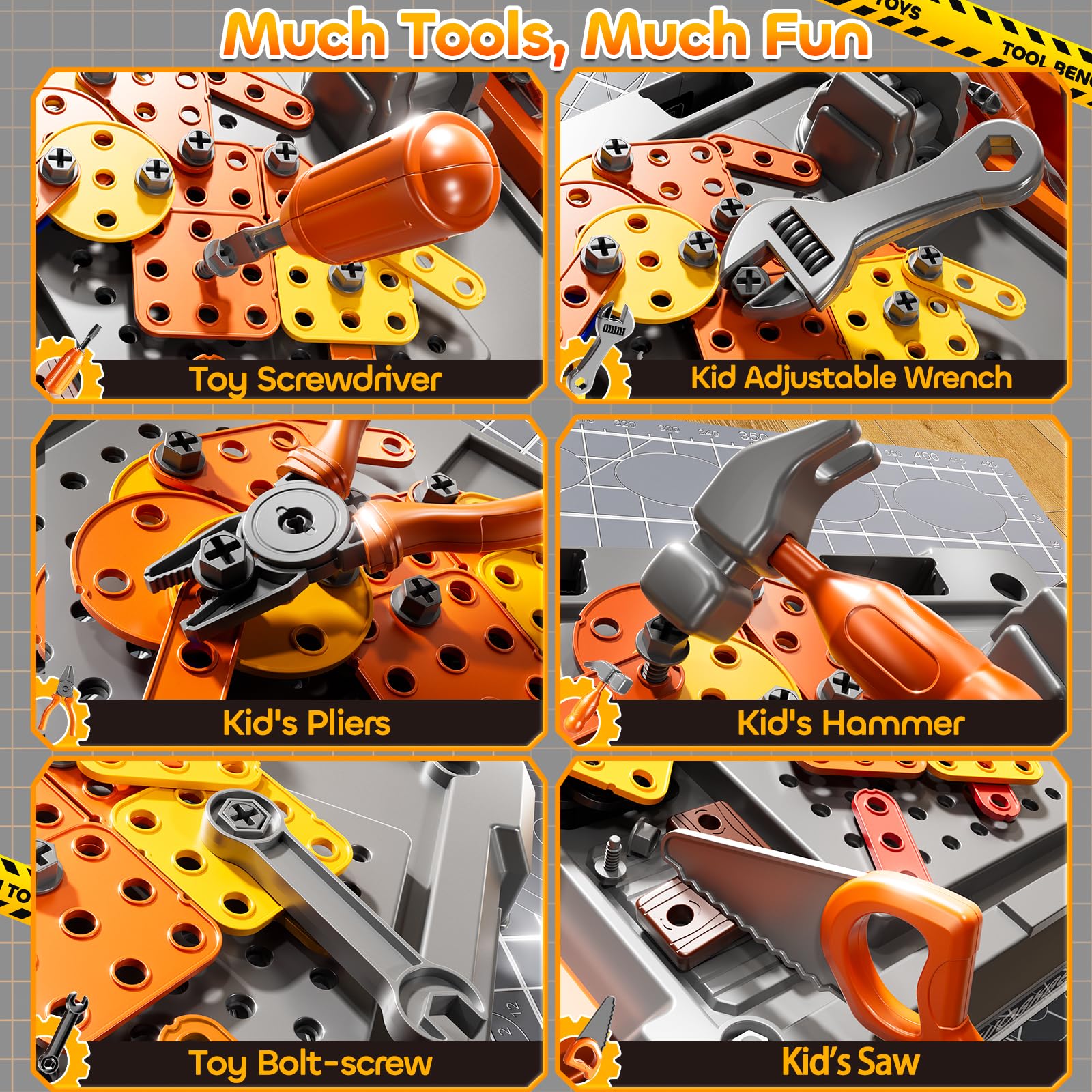 KIZONLY 145-piece toolkit close-up showing durable pretend tools