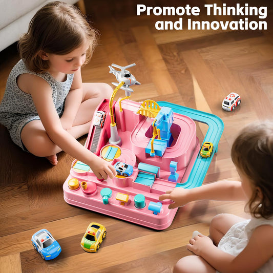 KIZONLY car race track pink side view highlights durable, rounded edges for safe indoor use.