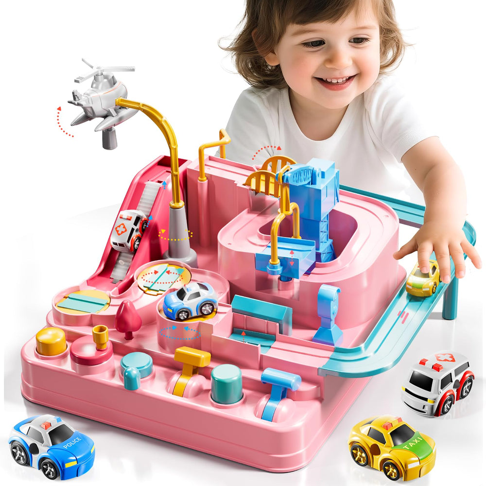 KIZONLY child playing pink track scene highlights portable, indoor-friendly family fun.