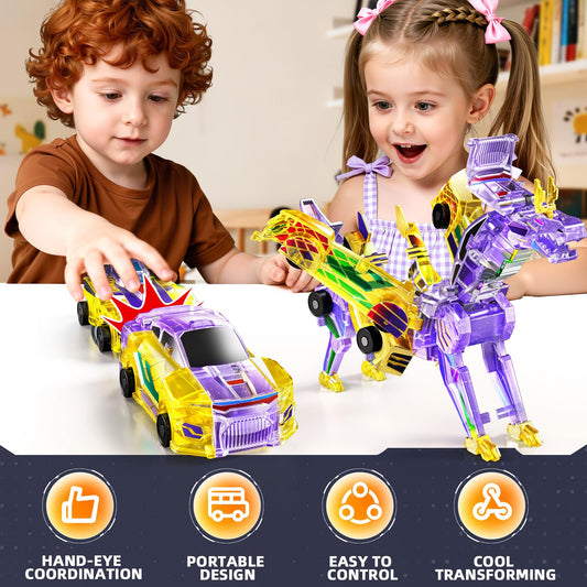KIZONLY collision transforming dinosaur car dinosaur form demonstrates magnet-based transformation for tactile fun