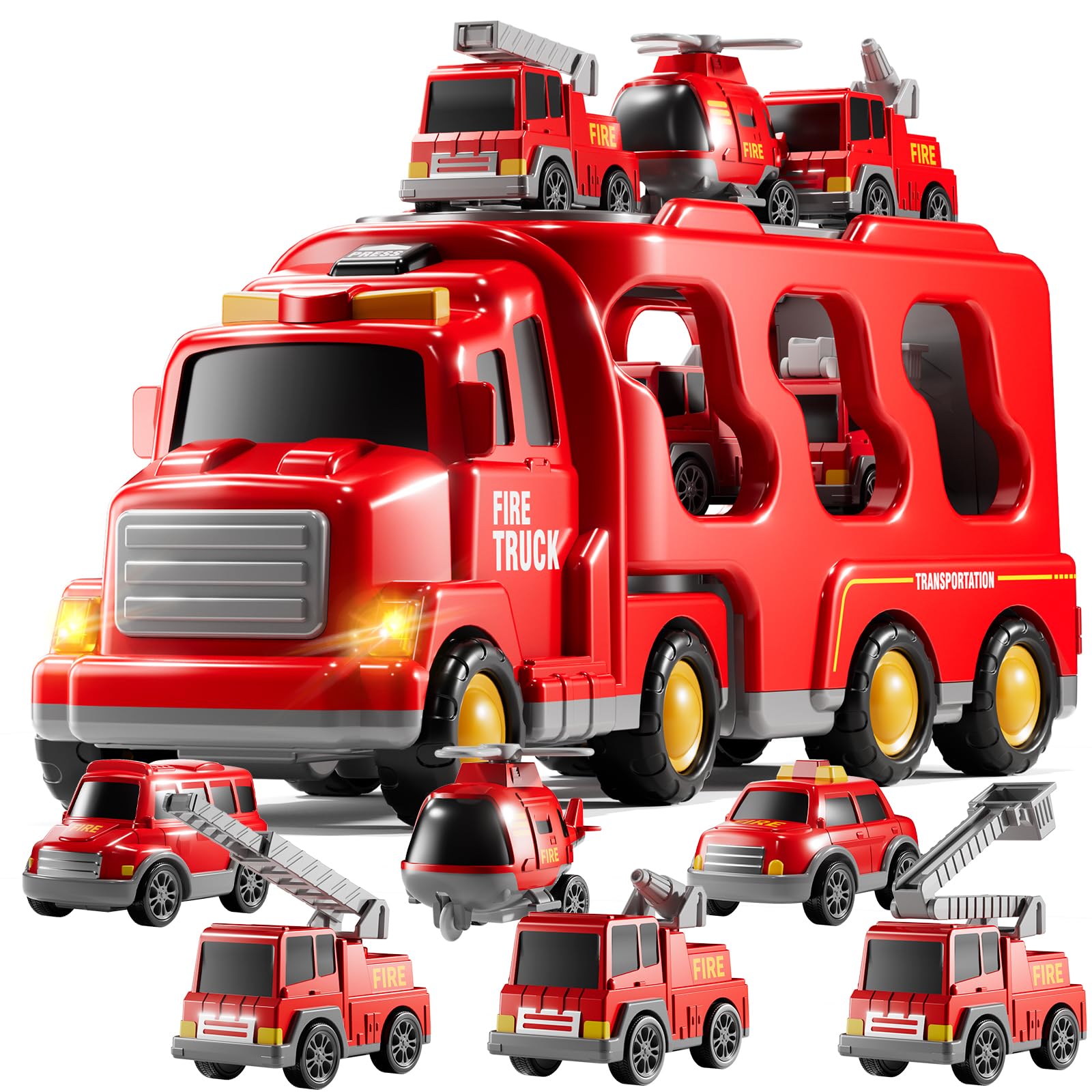 KIZONLY Fire Truck 7in1 carrier truck ready for imaginative playtime adventures.
