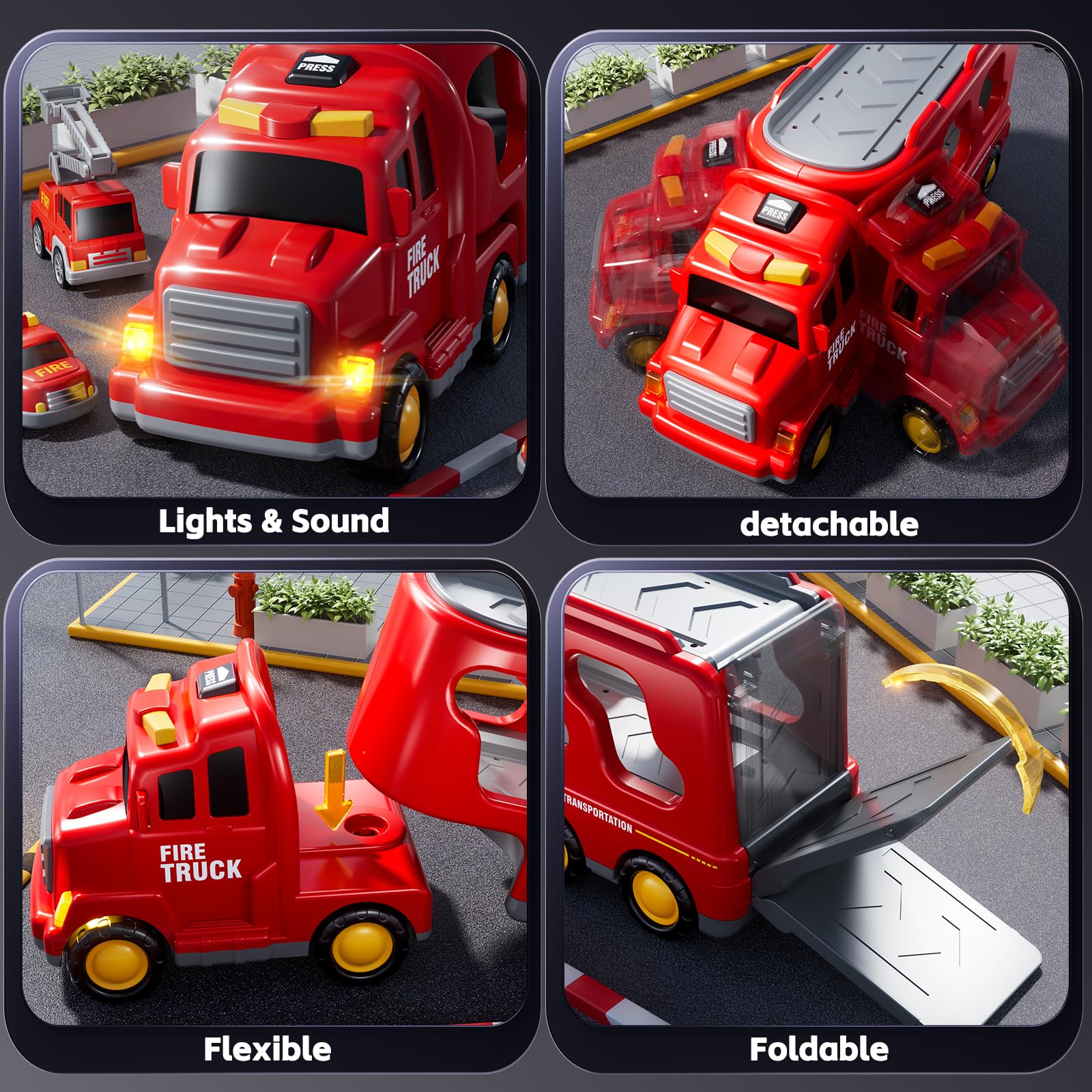KIZONLY Fire Truck 7in1 easy-push action shown for smooth rolling.