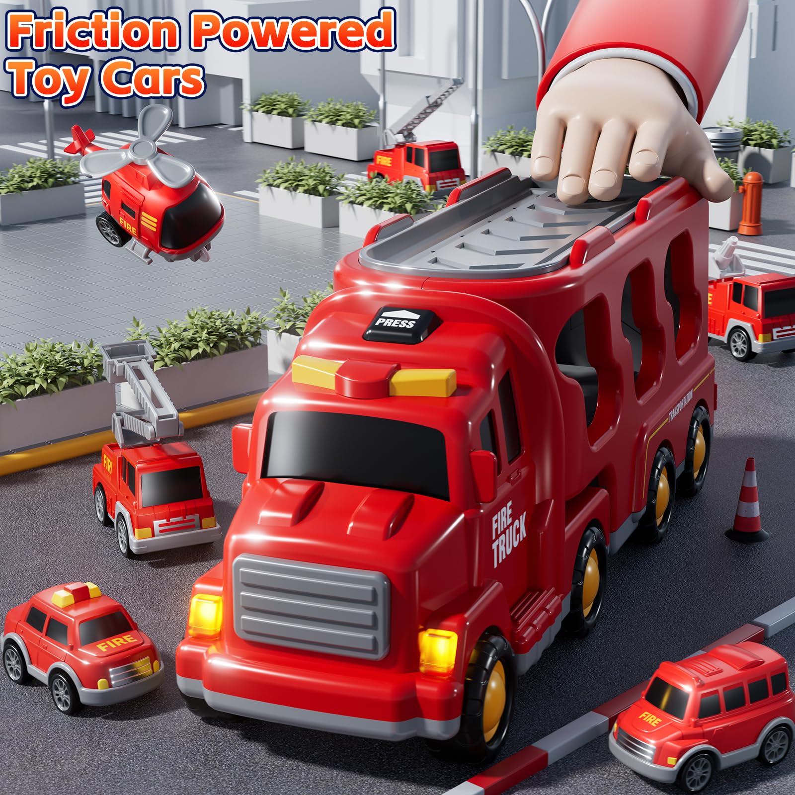 KIZONLY Fire Truck 7in1 lights-on image highlighting bright LED features.