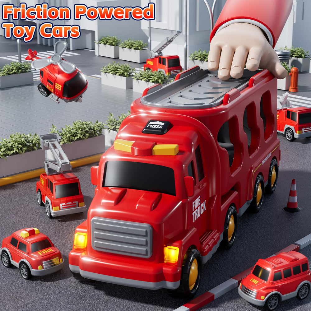 KIZONLY Fire Truck 7in1 lights-on image highlighting bright LED features.