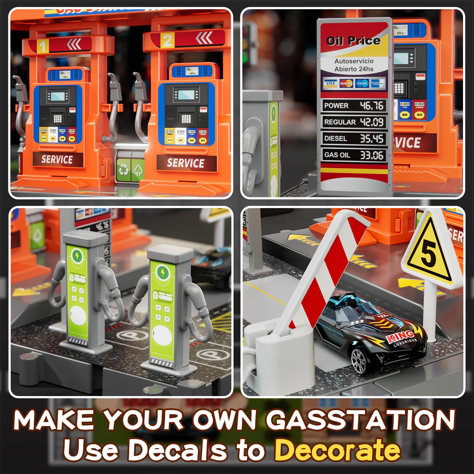 Interactive fueling actions with adjustable nozzles and changing prices.