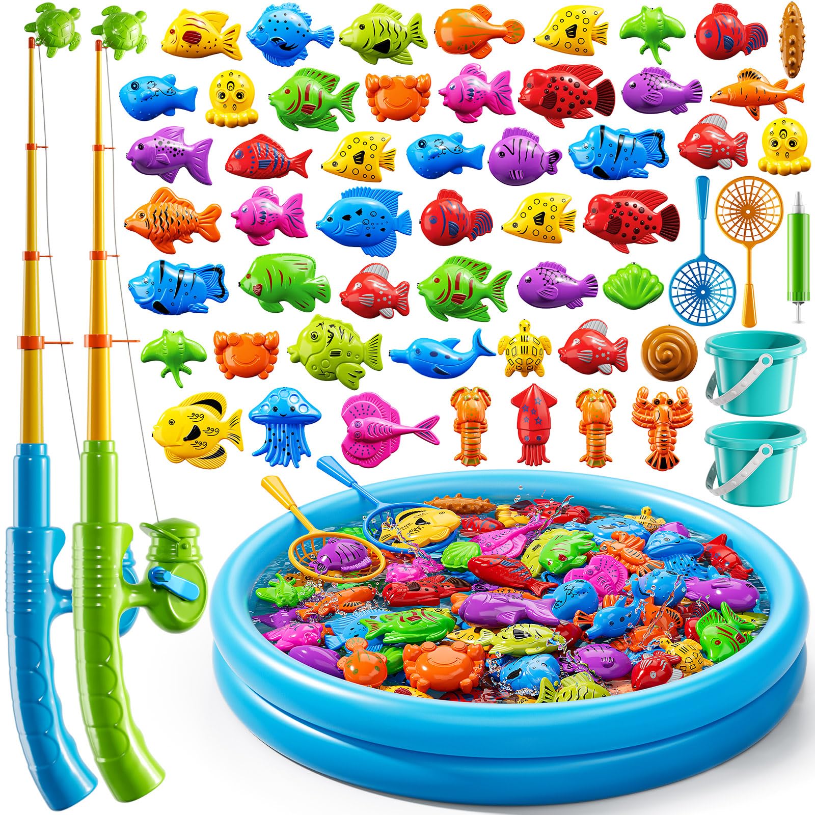 KIZONLY magnet fishing game pool setup with kids playing in indoor water area