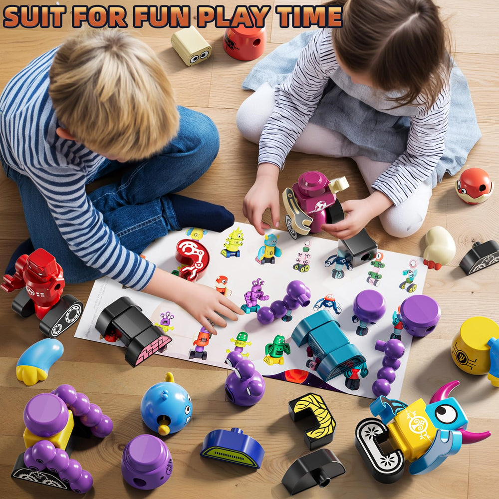 KIZONLY magnets robot blocks kids at work building diverse monster robots.