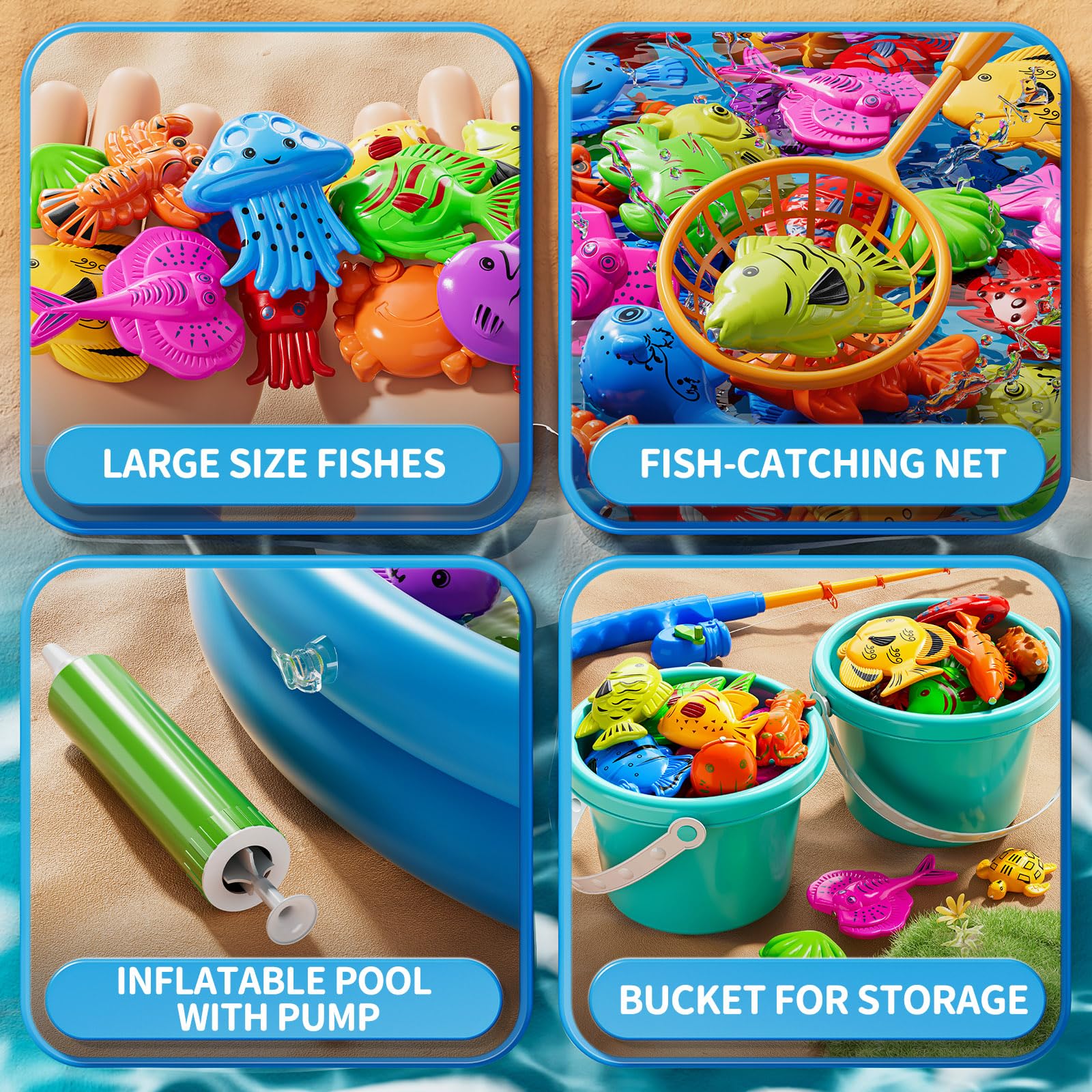 KIZONLY nets and pails organized for sorting during fishing play