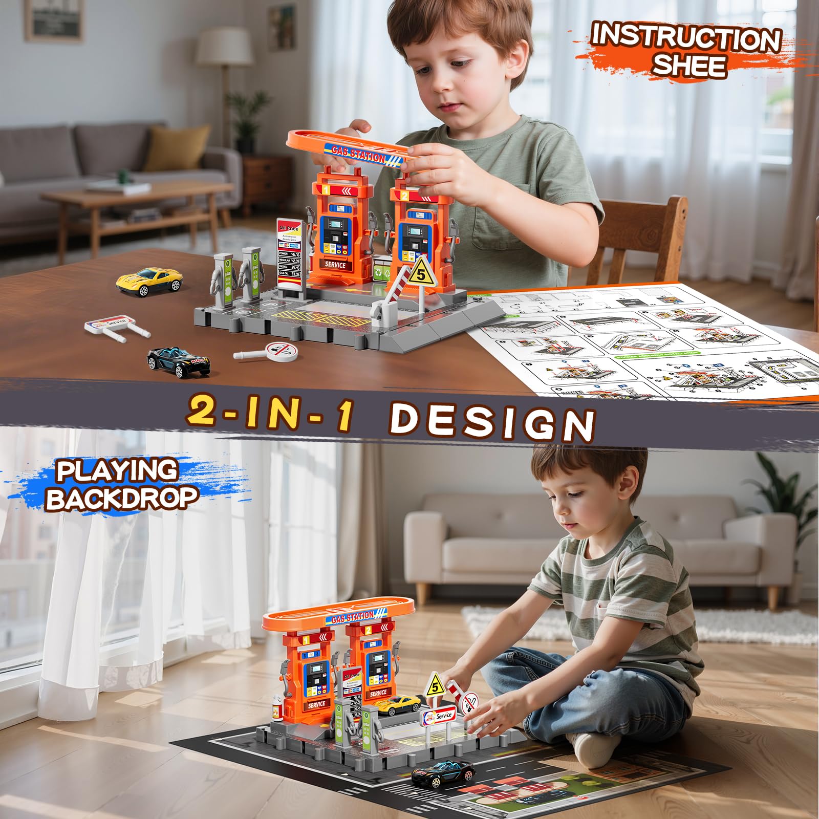 Backdrop sheet doubles as play scene and build manual for creativity.