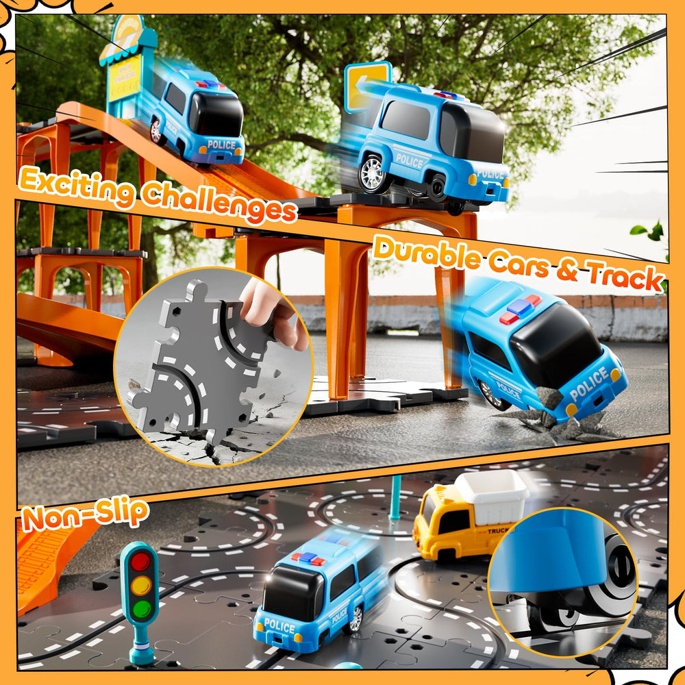 KIZONLY Puzzle Racer curved tracks emphasize smooth turns for dynamic play.