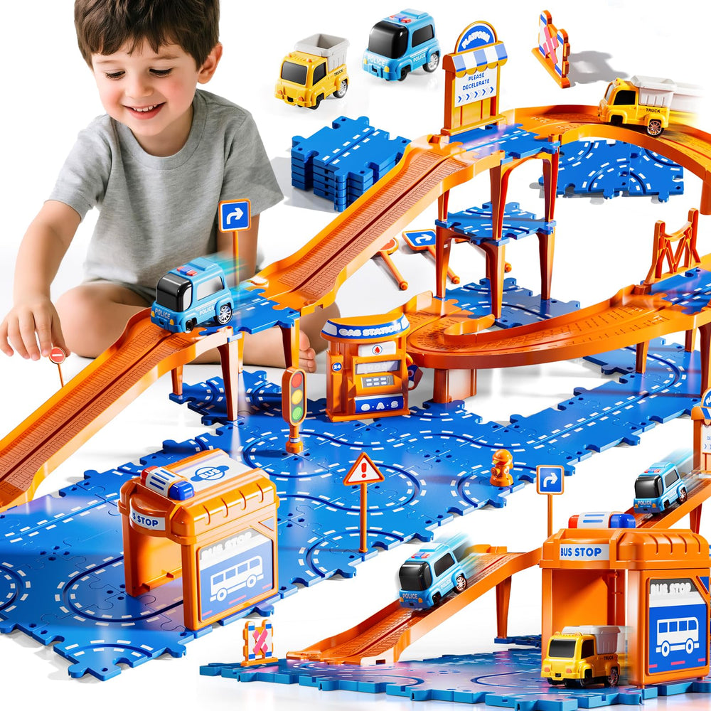 KIZONLY Puzzle Racer track assembly image showing colorful pieces for building play.