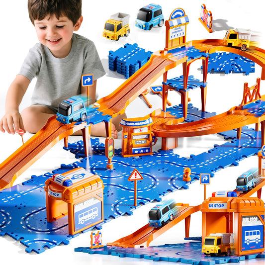 KIZONLY Puzzle Racer track assembly image showing colorful pieces for building play.