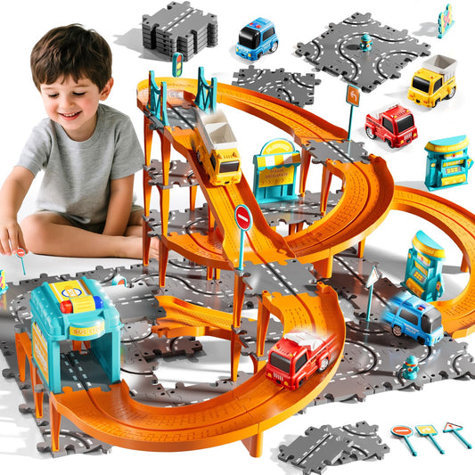KIZONLY Puzzle Racer track set overview with colorful pieces for creative play.