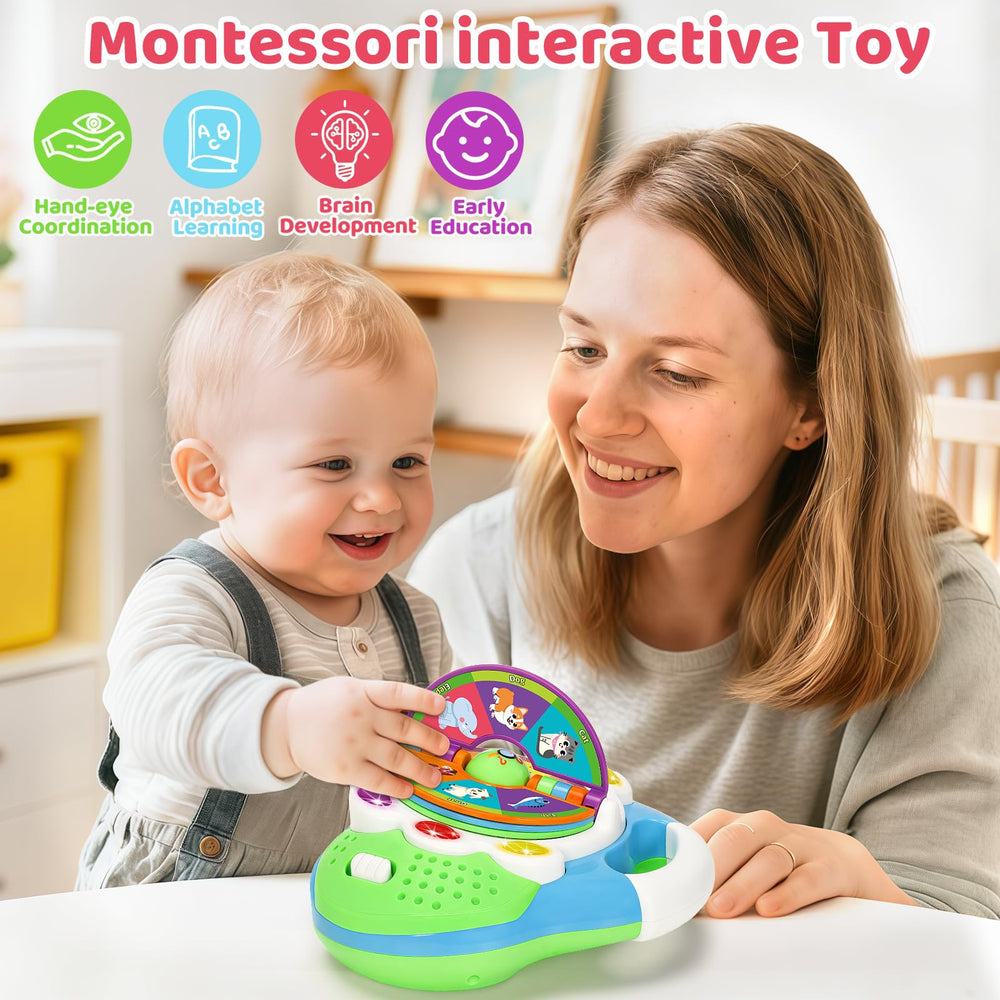 KIZZYEA Alphabet Flip Toy mid-section with light-up buttons for ABCs and word cues.