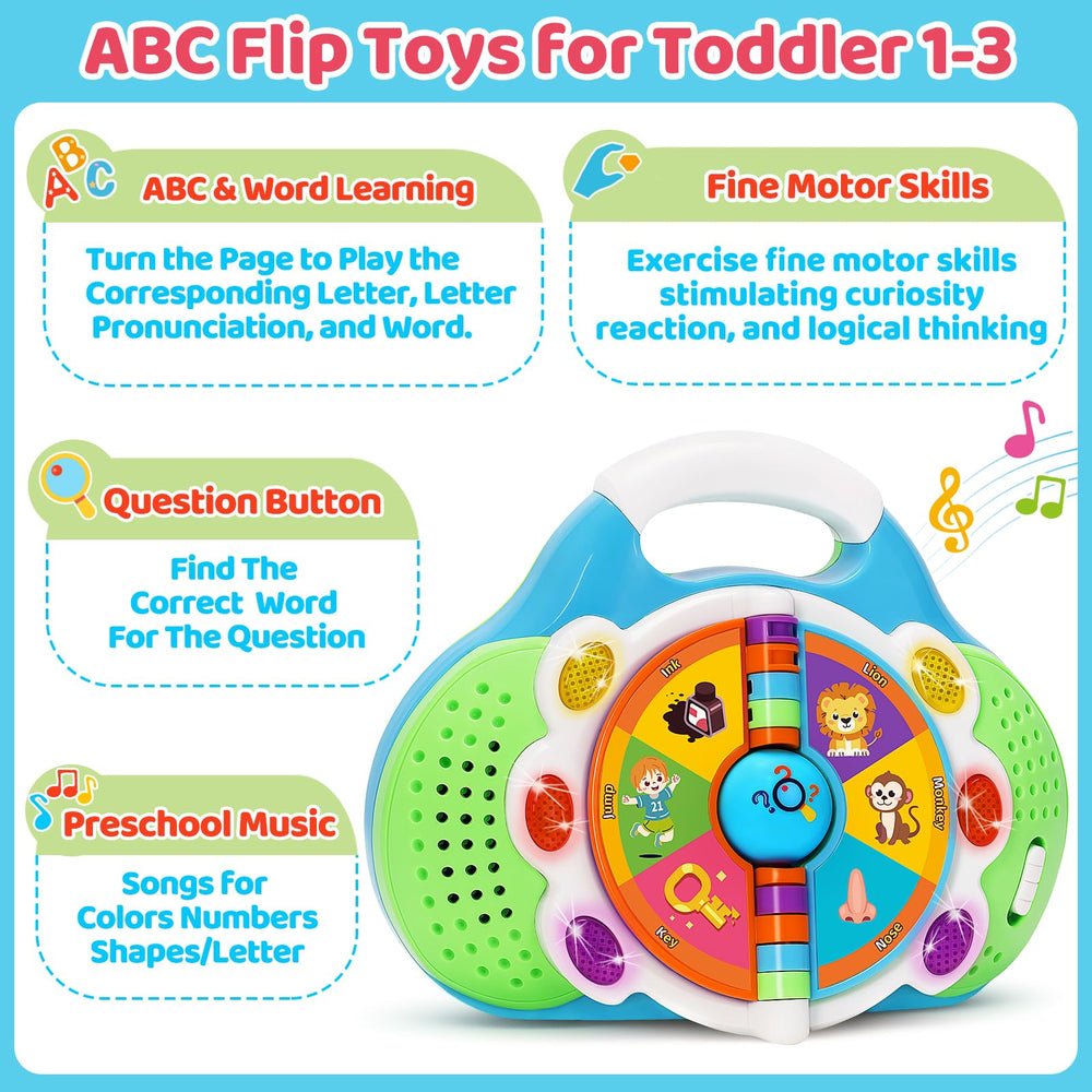 KIZZYEA Alphabet Flip Toy pages close-up highlighting letters and words for early reading.