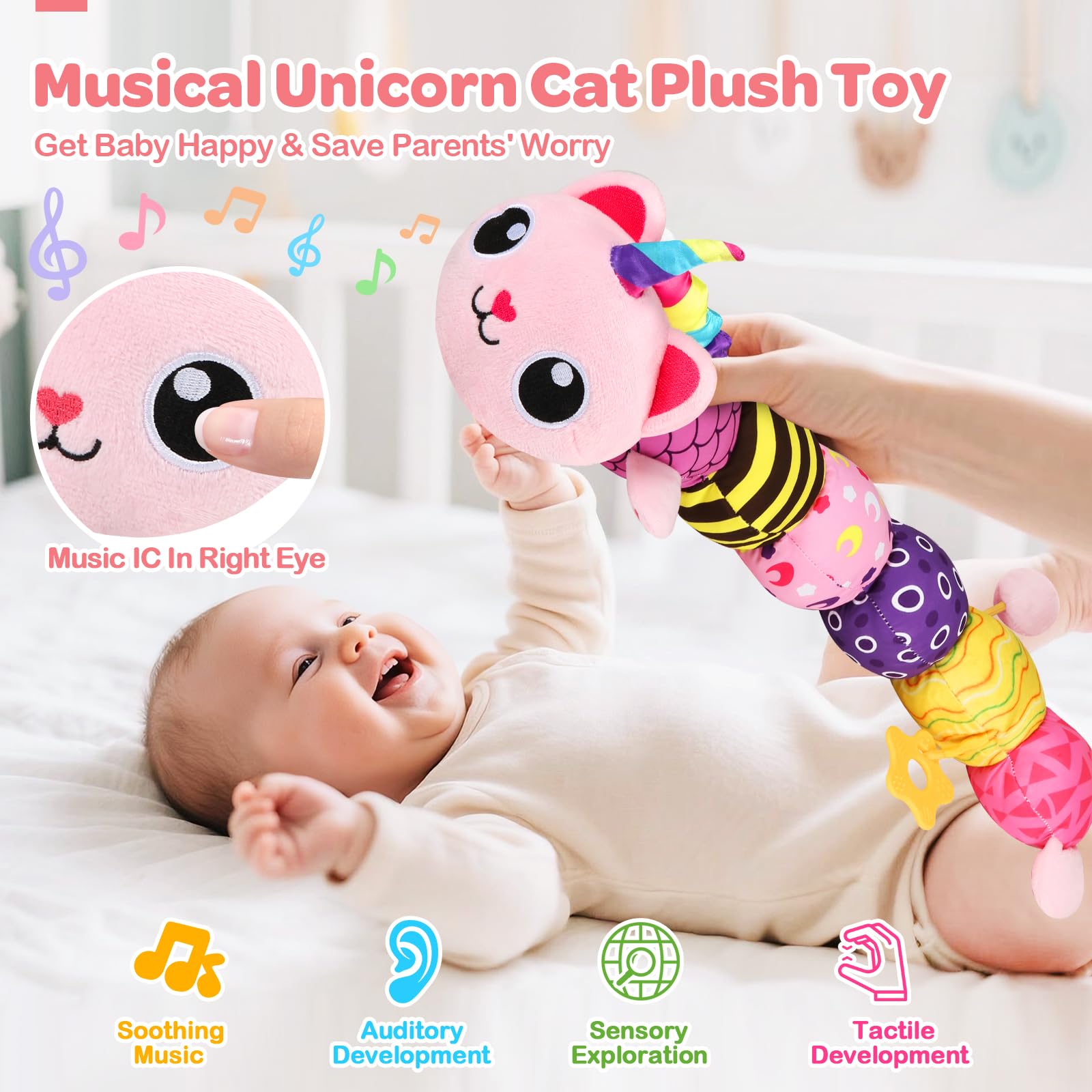 KIZZYEA unicorn-cat toy featuring a rattle for gentle auditory delight