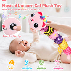 KIZZYEA unicorn-cat toy featuring a rattle for gentle auditory delight