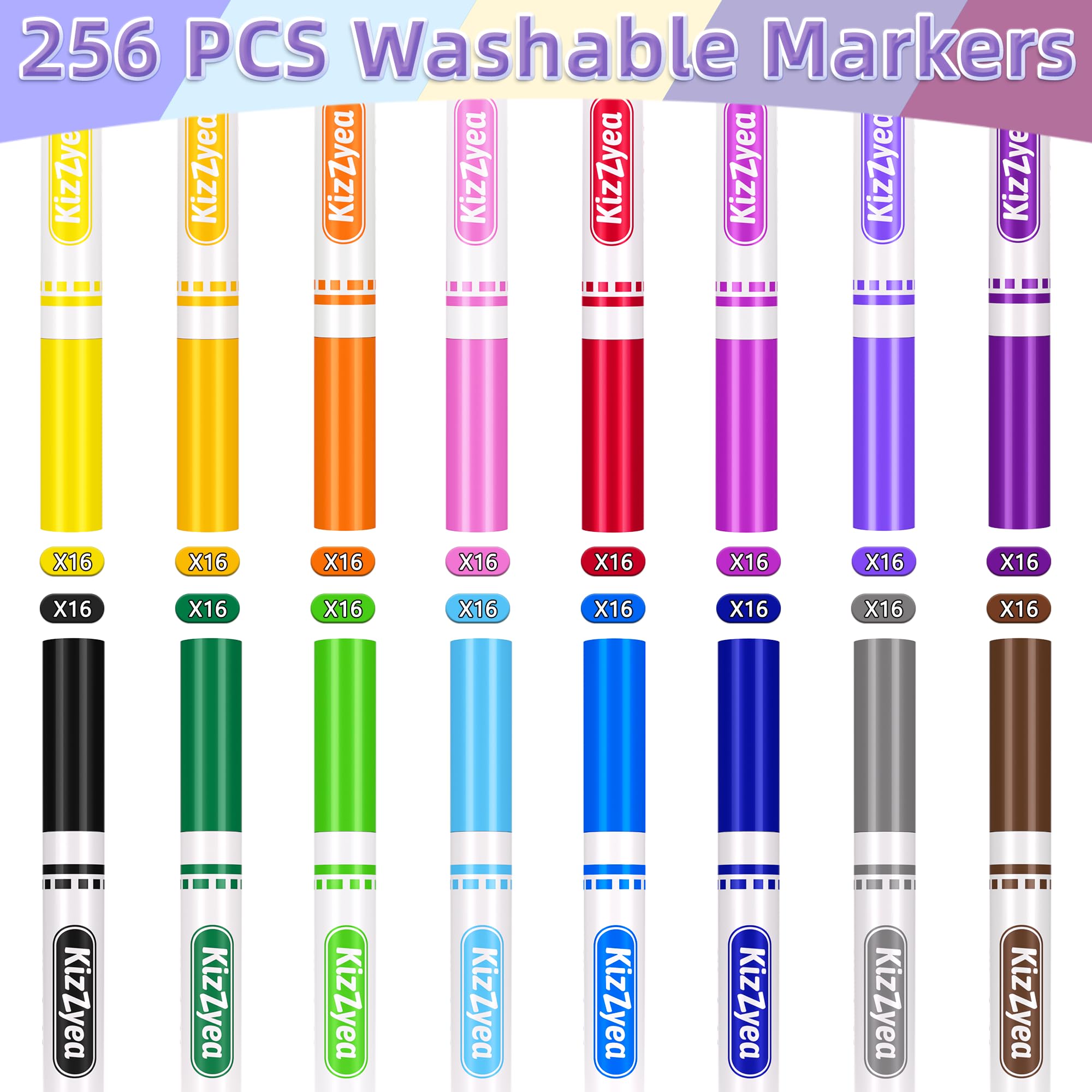 KIZZYEA markers in 16 color swatches show vibrant, safe ink.