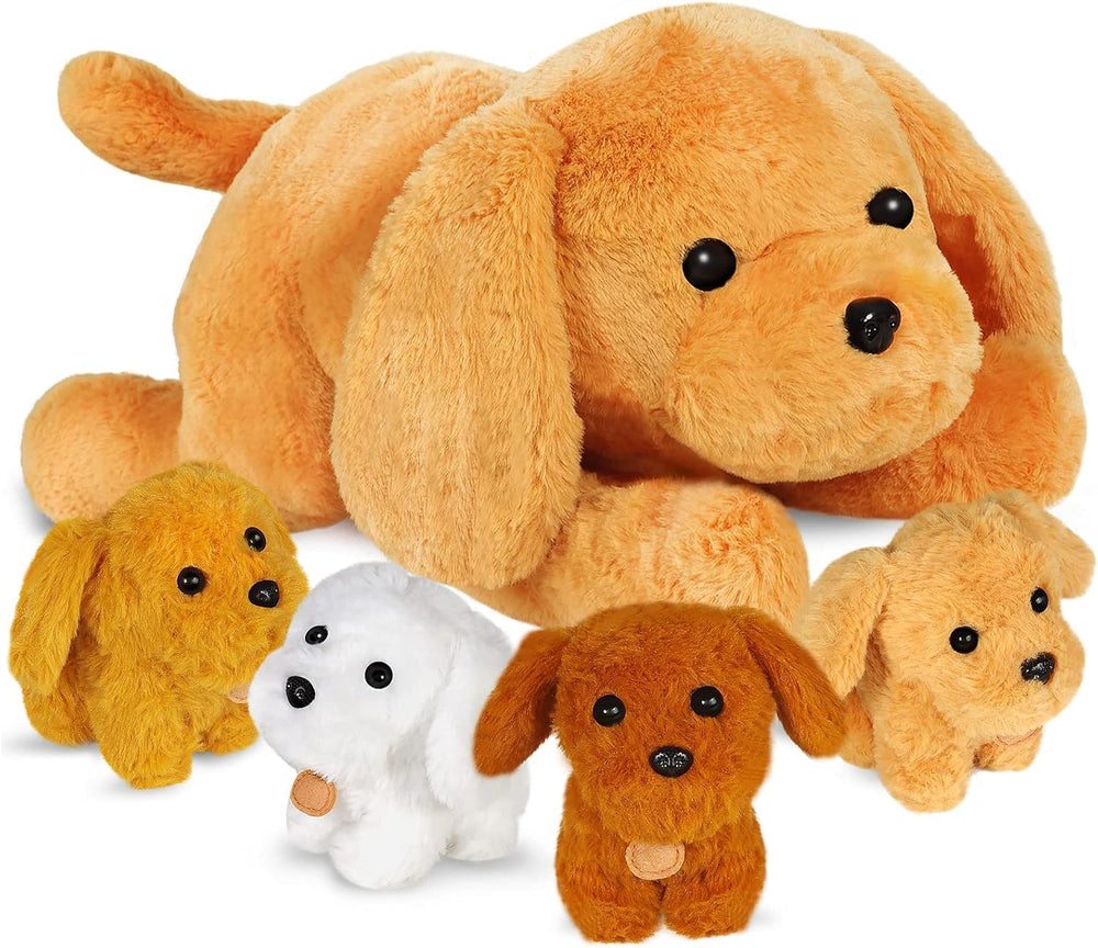 KIZZYEA mommy dog with four puppies in tummy plush, perfect for cozy cuddling.