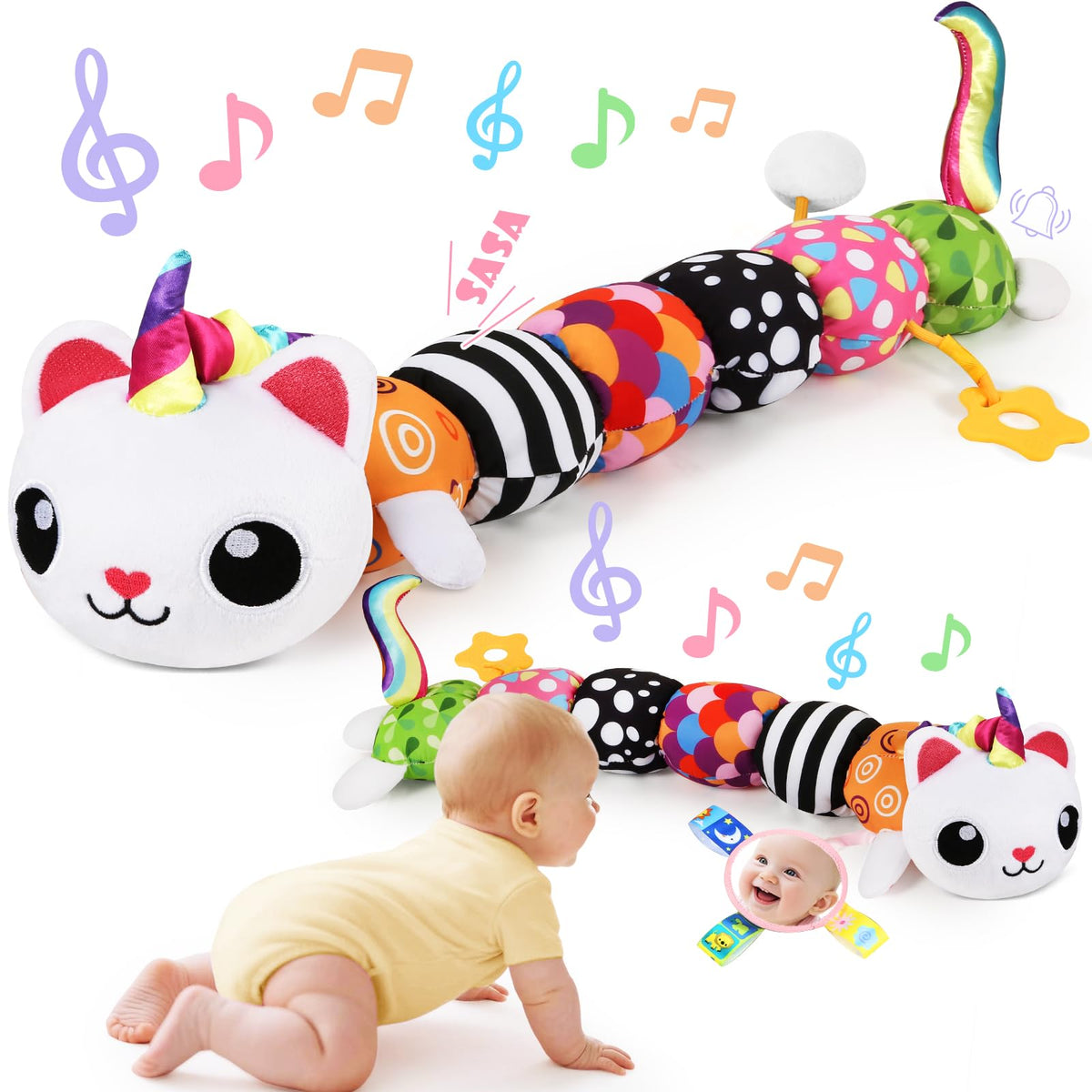 KIZZYEA Unicorn Cat Toy with crib mirror to spark self-recognition.