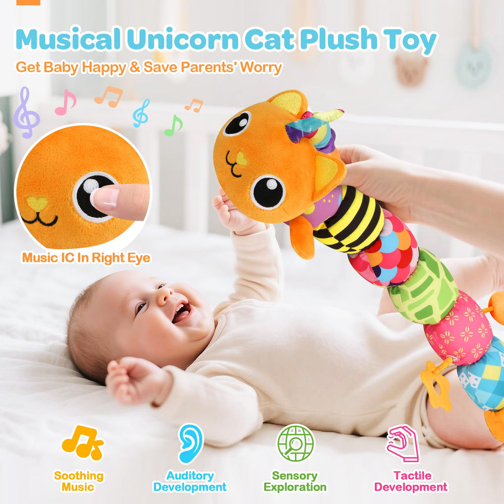 KIZZYEA unicorn cat toy crinkle texture stimulates tactile exploration during tummy time.