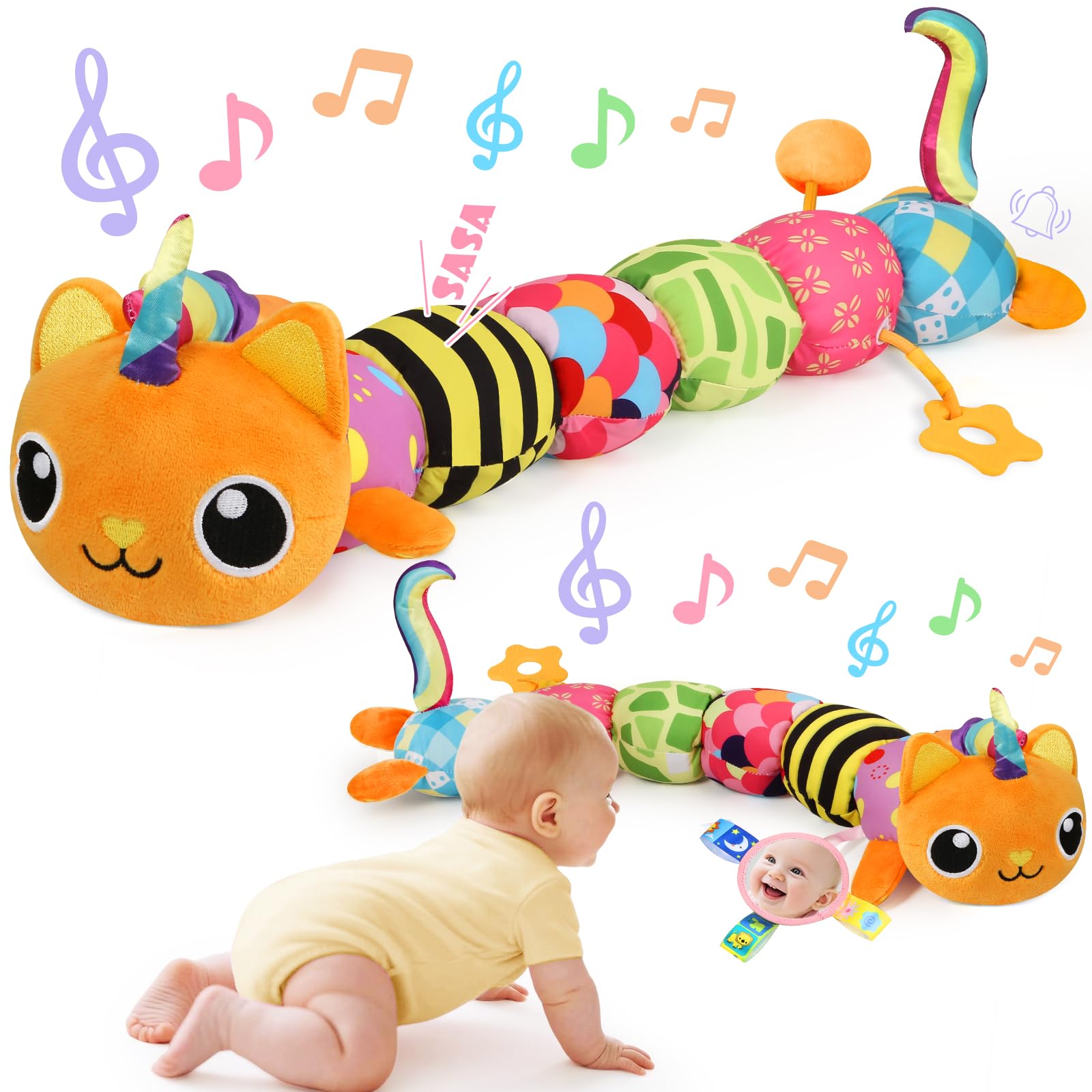 KIZZYEA unicorn cat toy design with rainbow horn, visually engaging for babies.