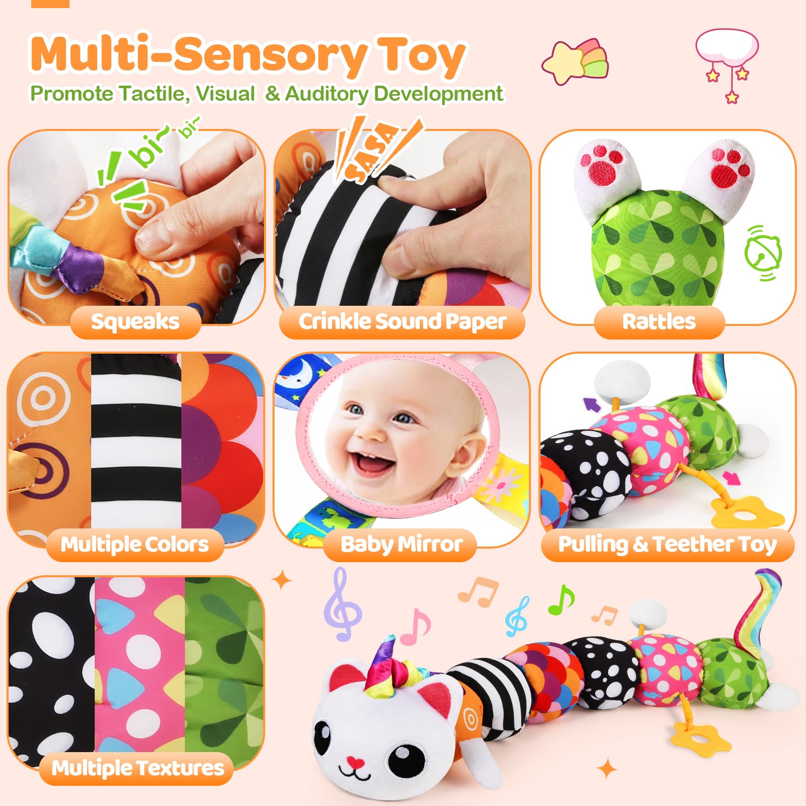 KIZZYEA Unicorn Cat Toy squeak and music soothe babies during playtime.