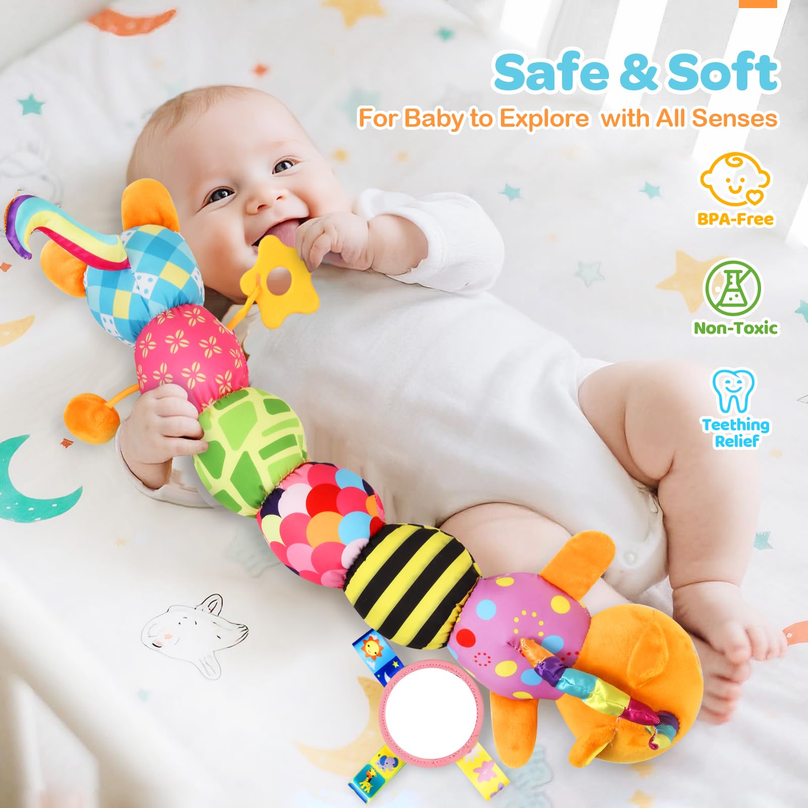 KIZZYEA unicorn cat toy squeaks create gentle sounds to soothe infants.