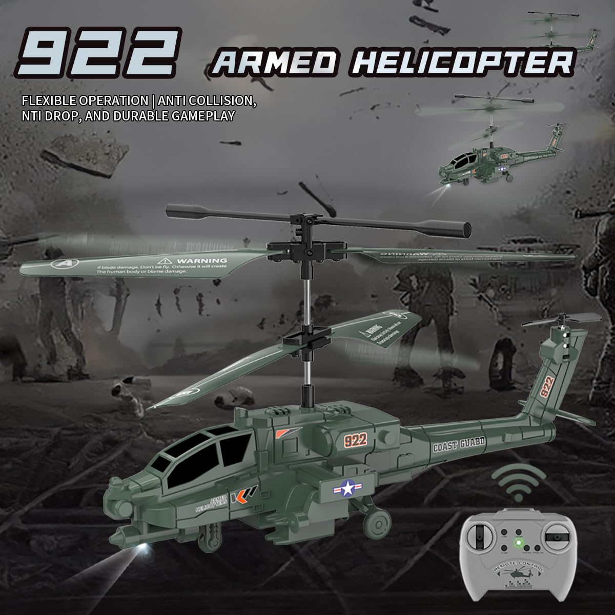 KJIXYUNG diecast military attack helicopter with metal airframe for durable flights.