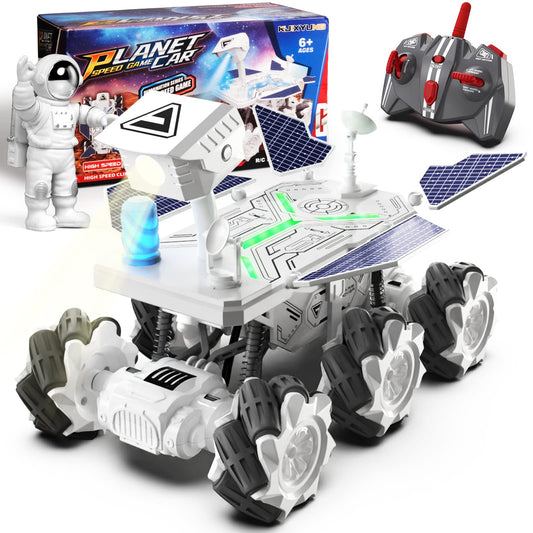KJIXYUNG Mars Rover RC car front view with vivid light panel for nighttime play.