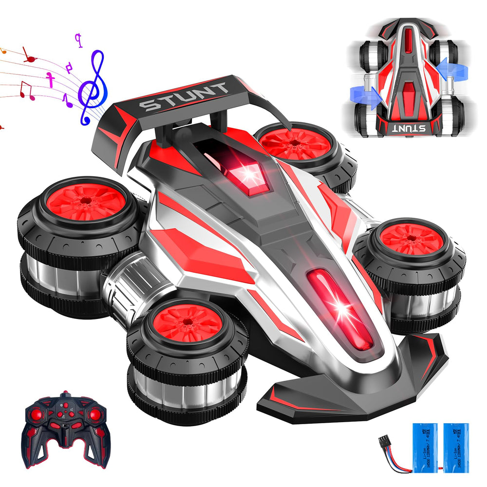 KJWEJOYRC remote stunt car performing 360-degree rotation on varied terrain for thrilling play.