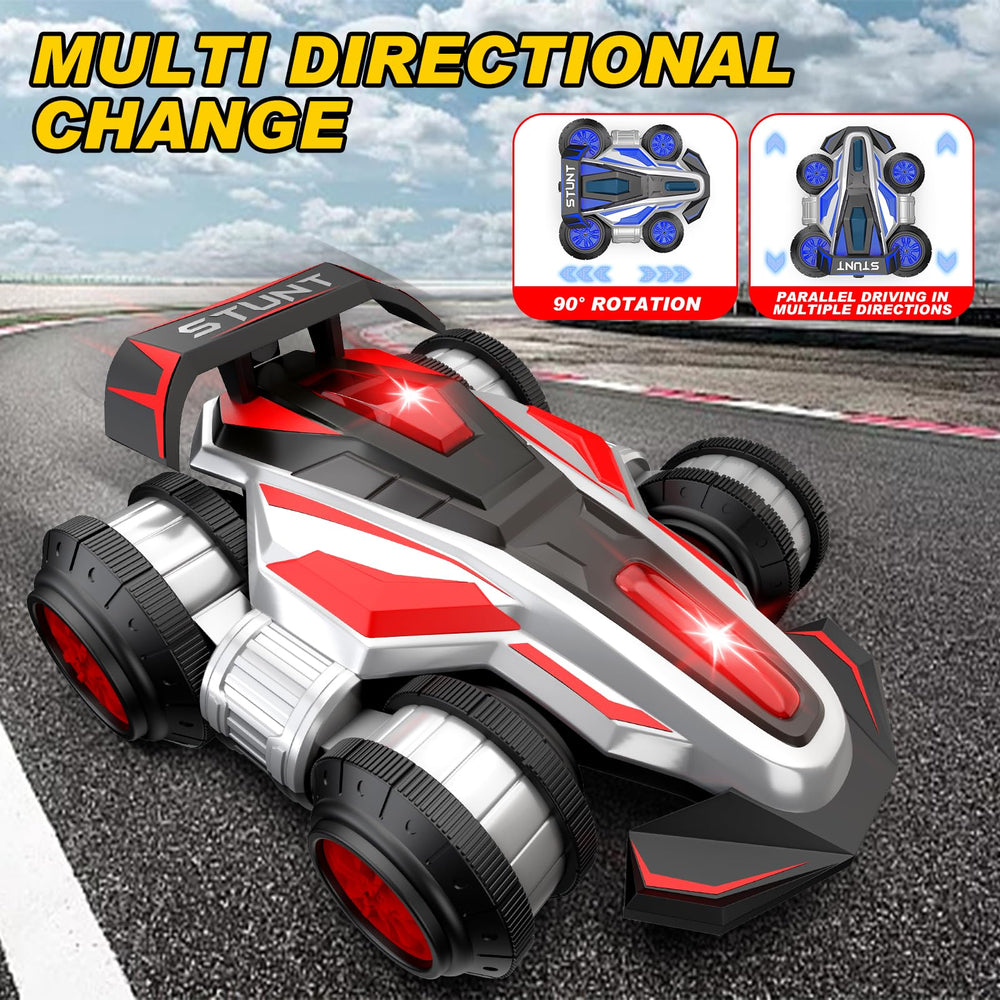 KJWEJOYRC all-terrain stunt car handles sand, lawn, and pavement for outdoor excitement.