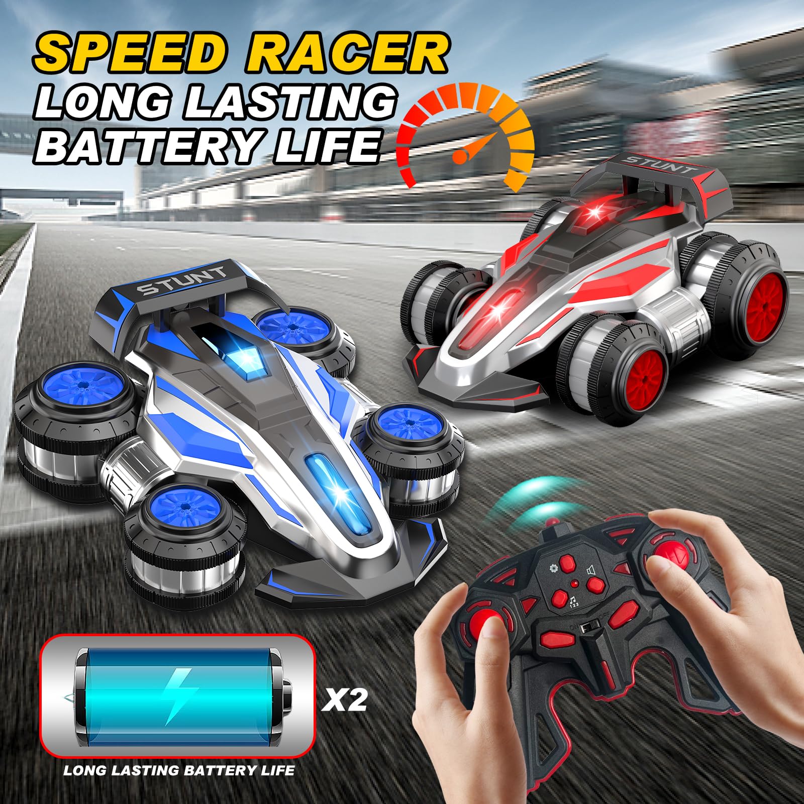 KJWEJOYRC stunt car flips 90 degrees and drifts on its side for versatile stunts.