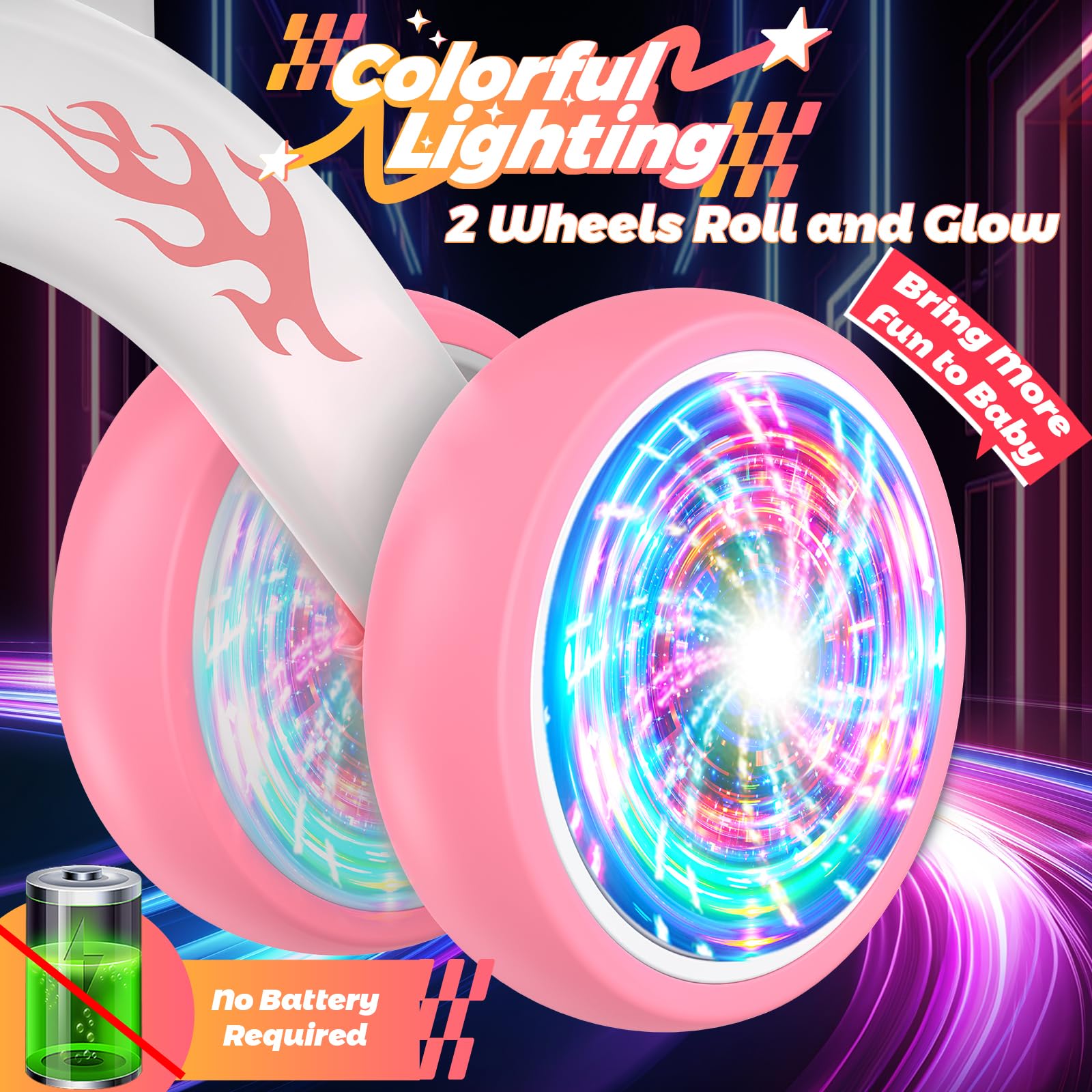 KKDI balance bike with glowing wheels boosts night visibility.