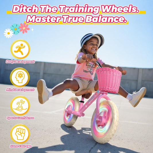 Kkdi balance bike basket adds space for dolls and snacks during outdoor adventures.